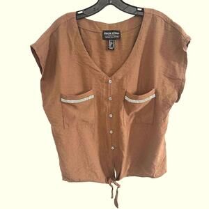 Frank Lyman Brown Button Front Tie Top with Pocket Sequined Detail - Size 16